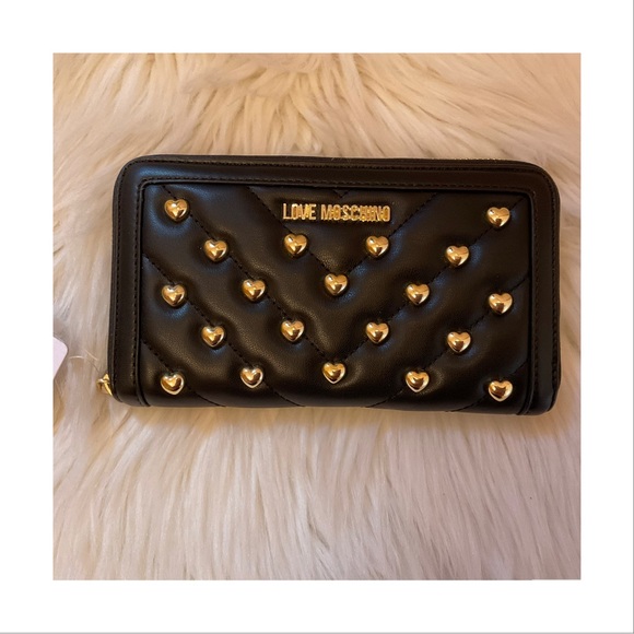 Love Moschino Handbags - Love Moschino Quilted Continental Zip Around Wallet - NWT - Black Heart Studs